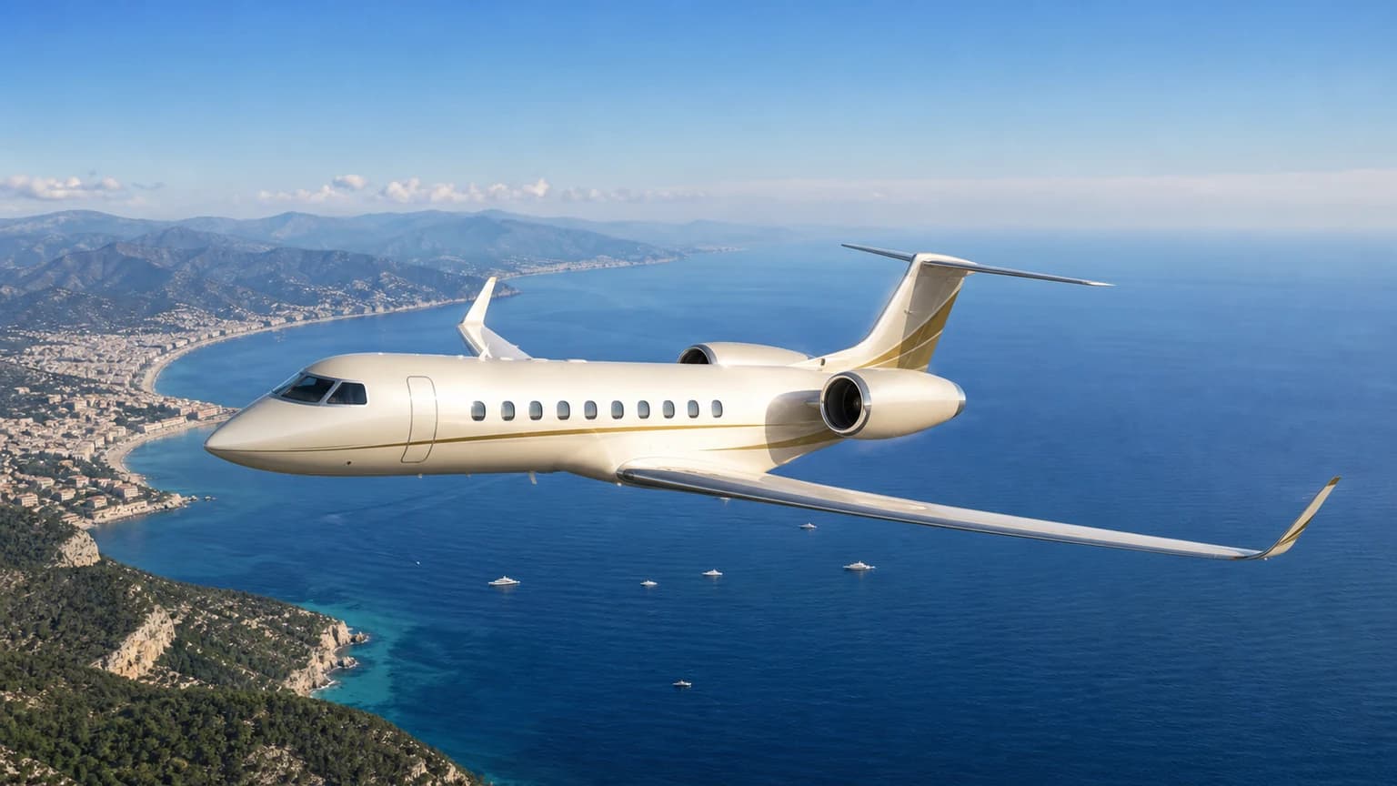 Large private jet flying above the French Riviera