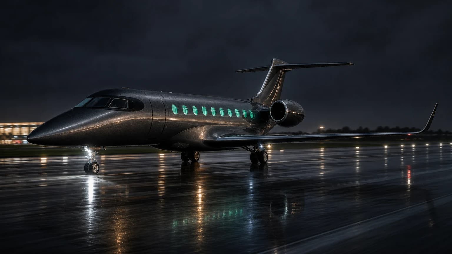 Gulfstream G280 — illustrative rain night departure