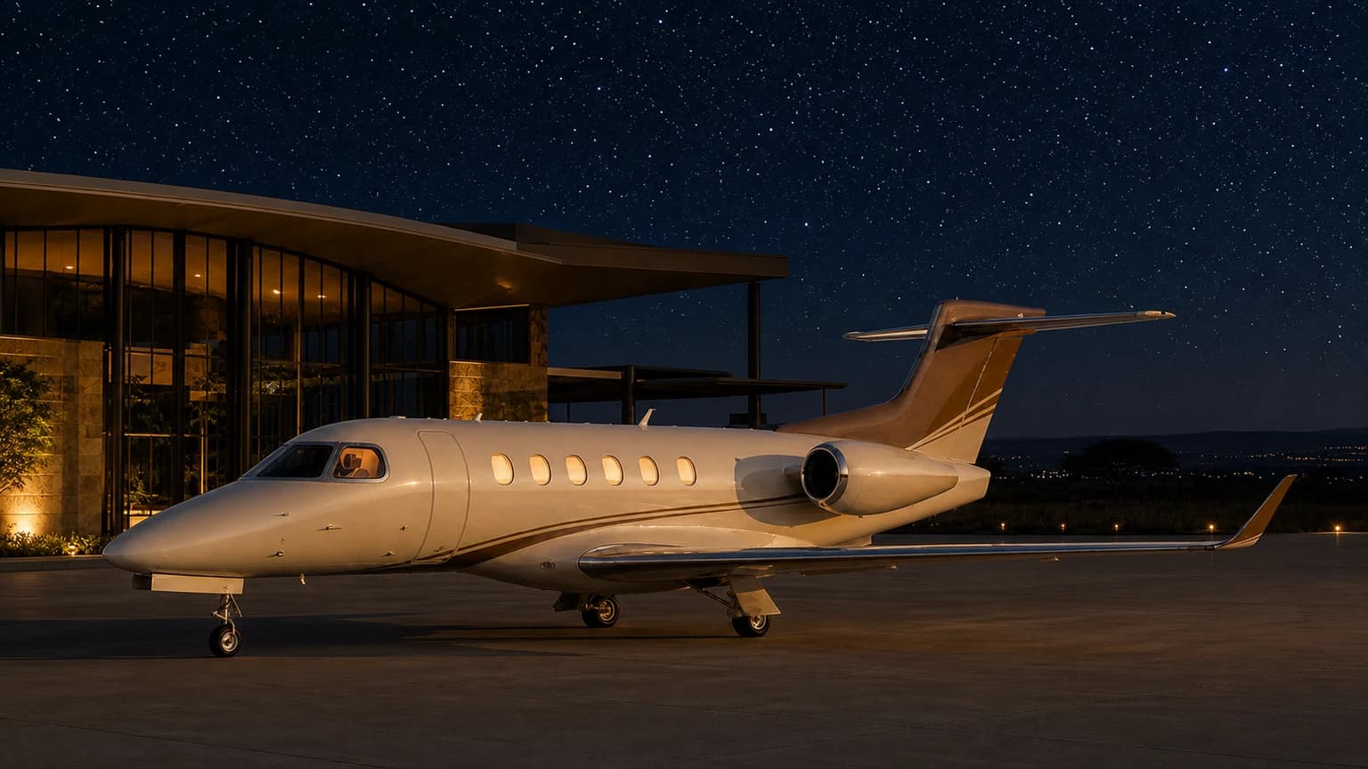 Light private jet on a starlit southern African apron