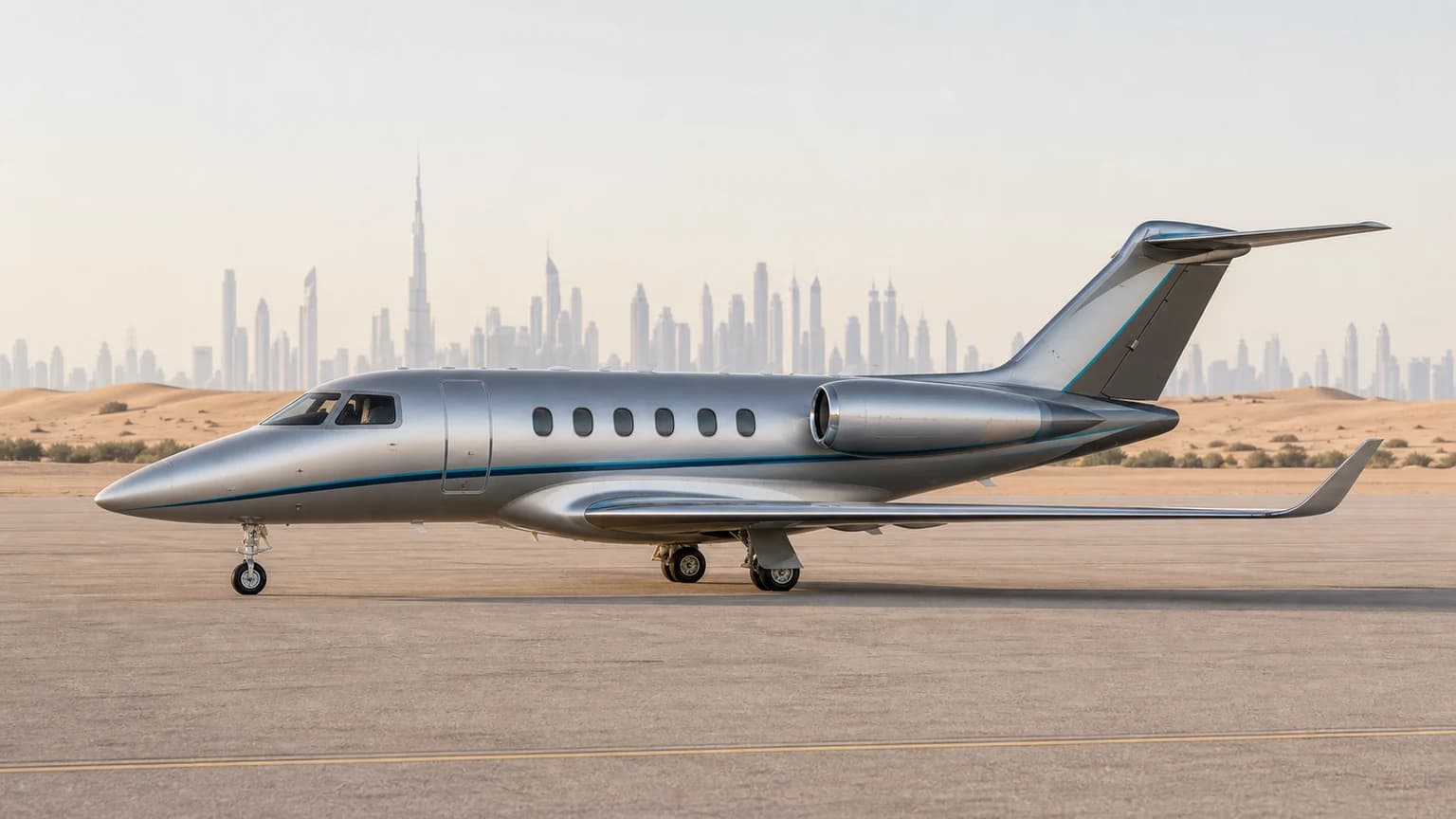 Silver private jet in warm coastal light