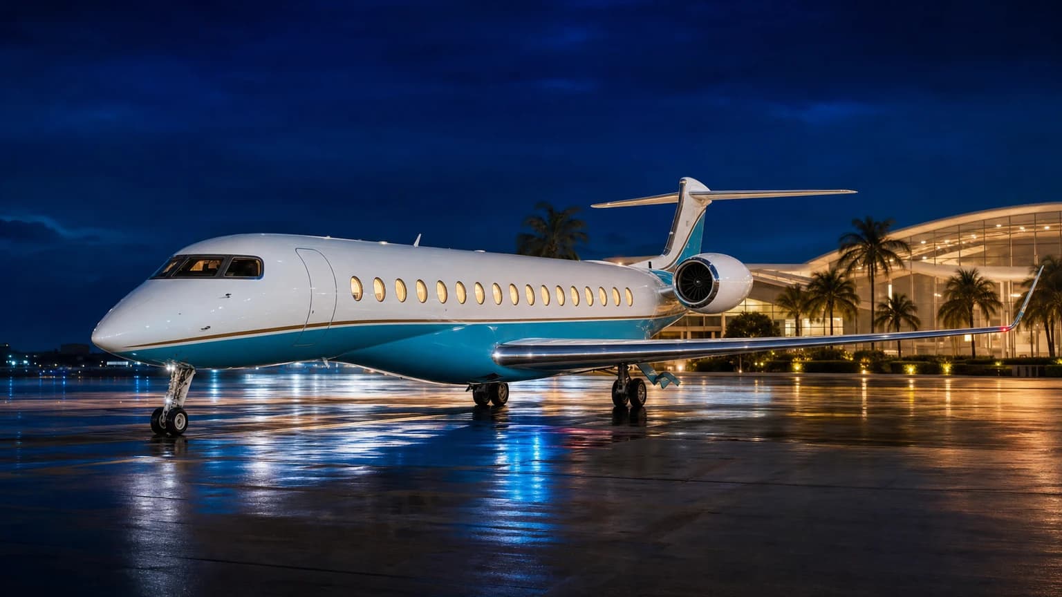 Ultra-long-range private jet departing Singapore at night