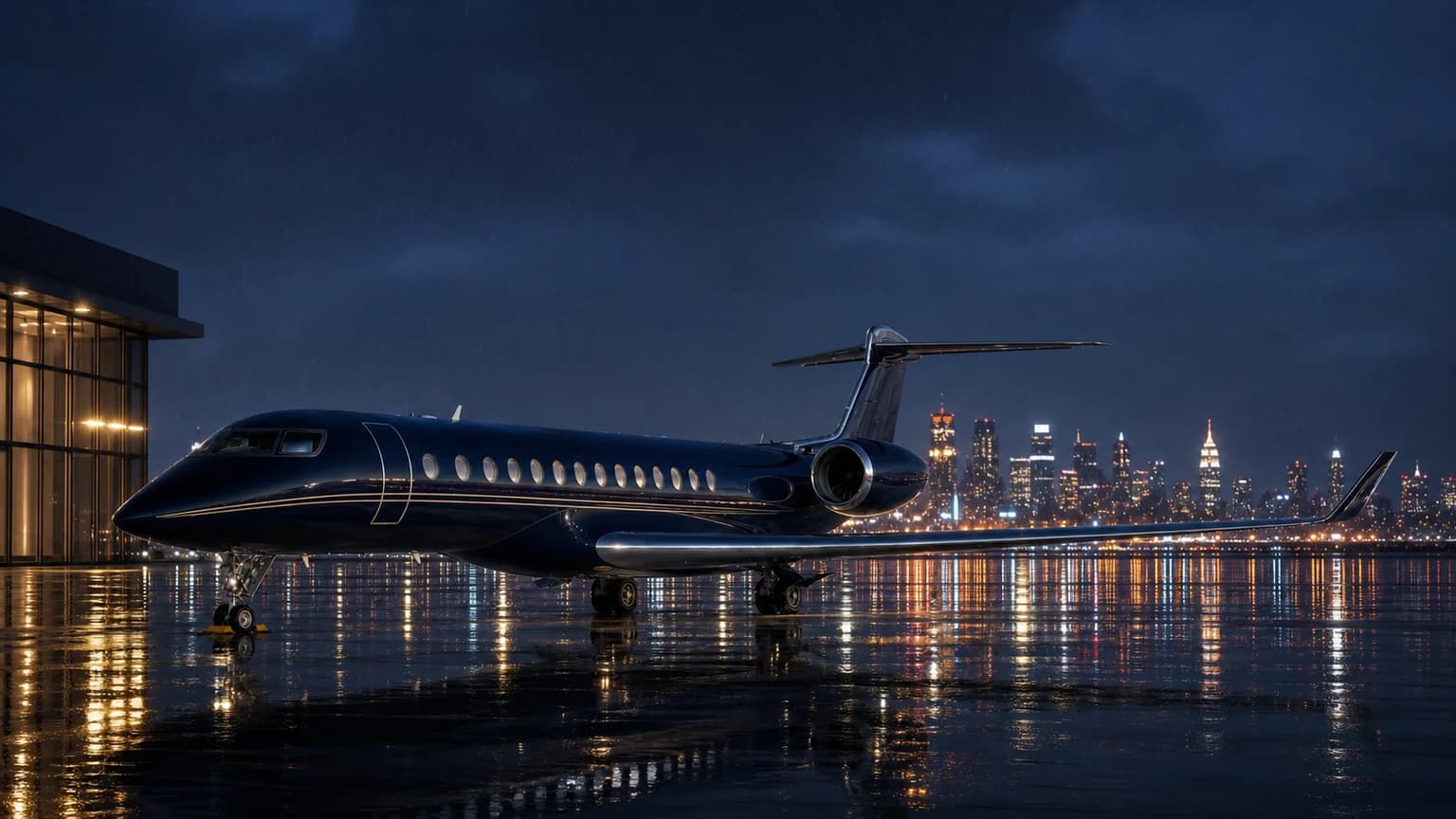 Illustrative long-range private jet arriving in Manhattan after rain