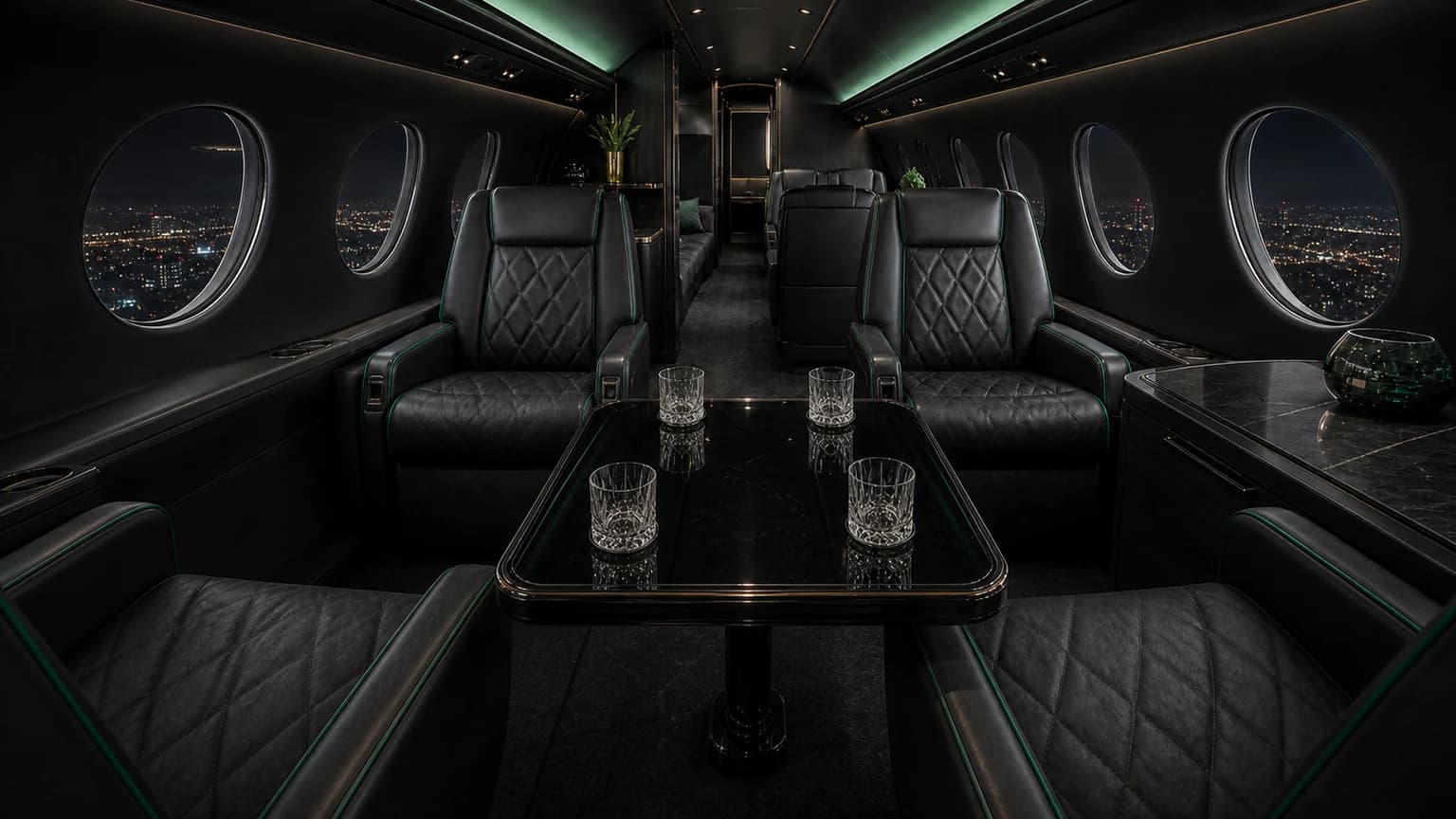 Dark private jet club cabin with emerald accents
