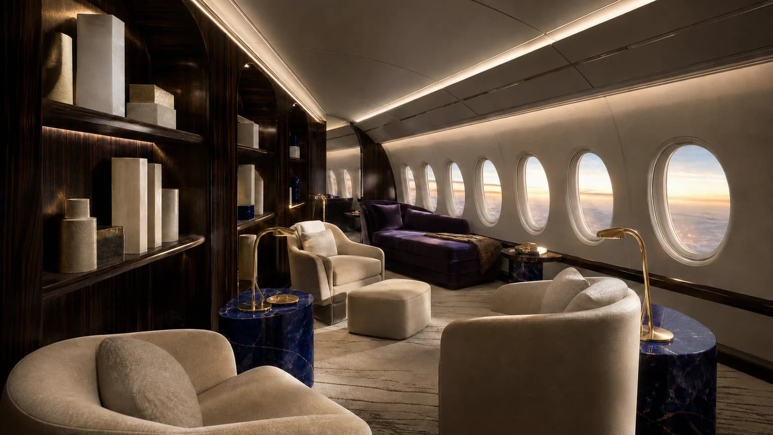 Illustrative quiet library lounge aboard a private aircraft